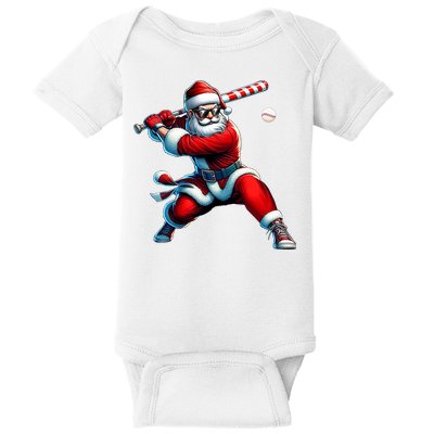 Santa Playing Baseball Christmas Baseball Player Baby Bodysuit