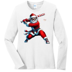 Santa Playing Baseball Christmas Baseball Player Ladies Long Sleeve Shirt