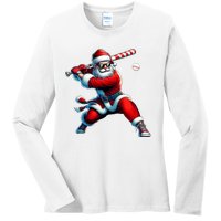 Santa Playing Baseball Christmas Baseball Player Ladies Long Sleeve Shirt