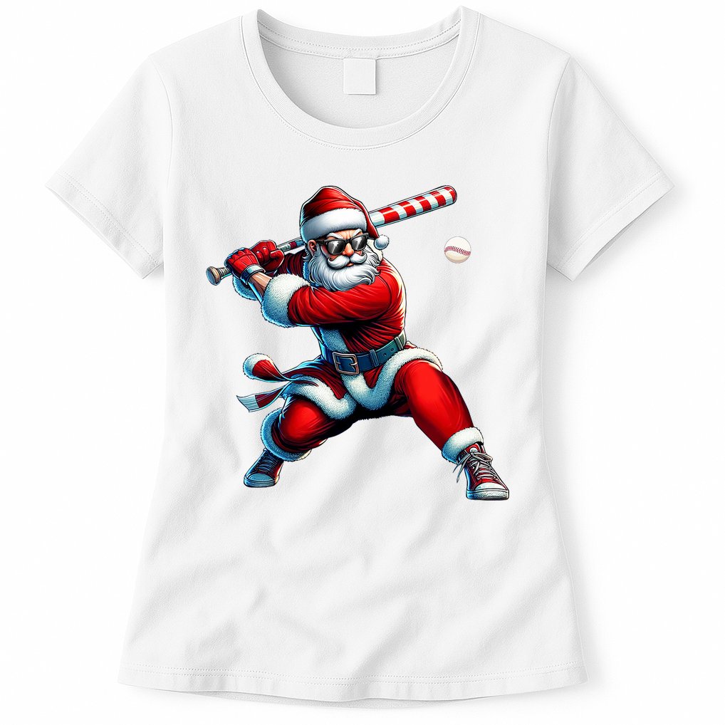 Santa Playing Baseball Christmas Baseball Player Womens T-Shirt