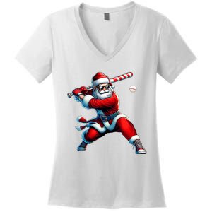 Santa Playing Baseball Christmas Baseball Player Women's V-Neck T-Shirt