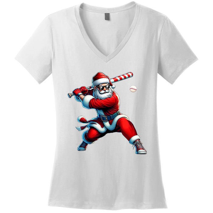 Santa Playing Baseball Christmas Baseball Player Women's V-Neck T-Shirt