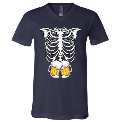 Skeleton Pregnancy Belly Of Beer Xray Halloween Costume V-Neck T-Shirt