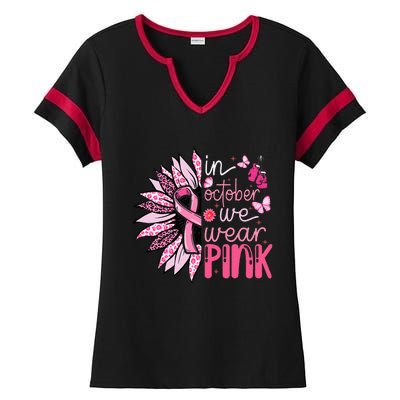 Sunflower Pink Breast Cancer Awareness Warrior Ladies Halftime Notch Neck Tee