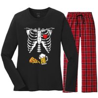 Skeleton Pregnancy Beer Pizza Xray Halloween Costume Women's Long Sleeve Flannel Pajama Set 