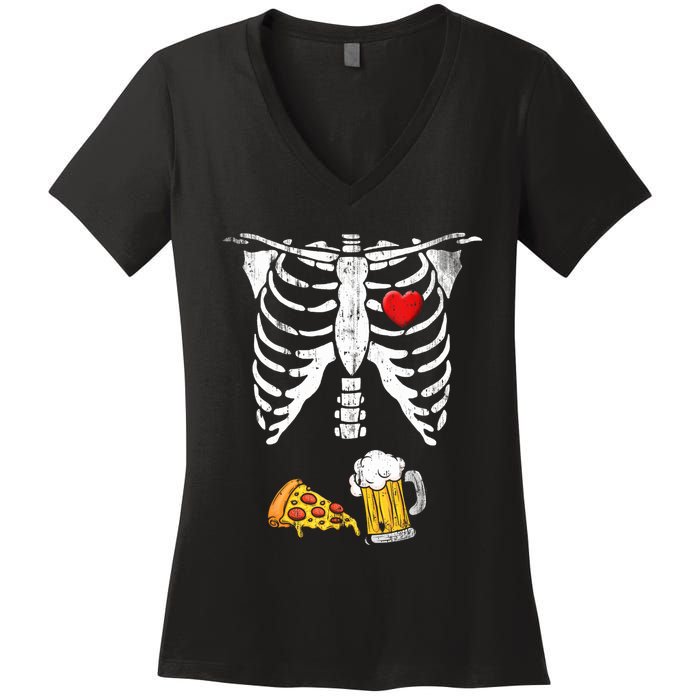 Skeleton Pregnancy Beer Pizza Xray Halloween Costume Women's V-Neck T-Shirt