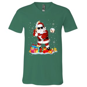 Santa Playing Baseball Cool Christmas Santa Baseball Player V-Neck T-Shirt