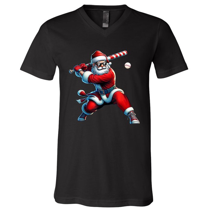 Santa Playing Baseball Christmas Baseball Player V-Neck T-Shirt