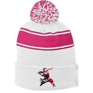 Santa Playing Baseball Christmas Baseball Player Stripe Pom Pom Beanie