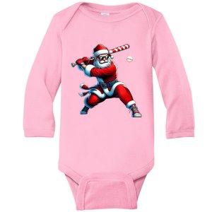 Santa Playing Baseball Christmas Baseball Player Baby Long Sleeve Bodysuit