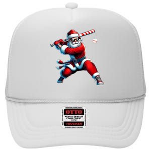 Santa Playing Baseball Christmas Baseball Player High Crown Mesh Back Trucker Hat