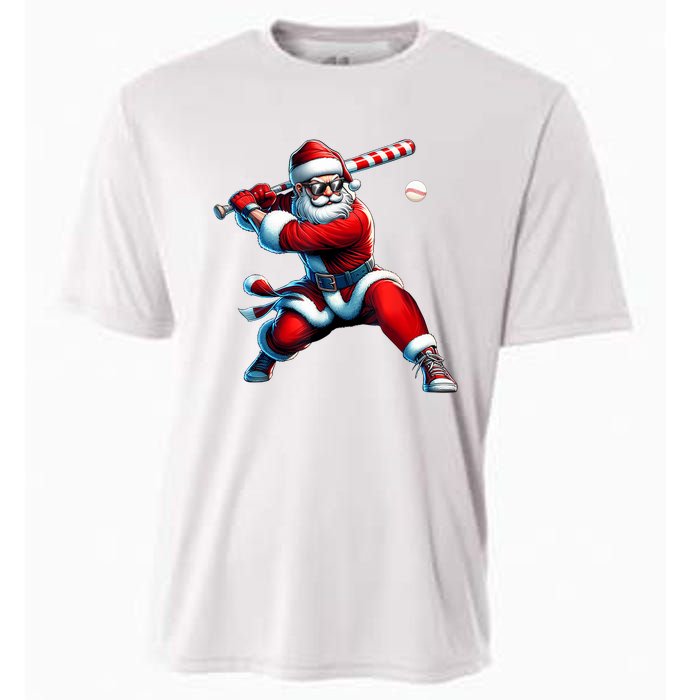 Santa Playing Baseball Christmas Baseball Player Cooling Performance Crew T-Shirt