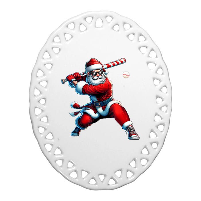 Santa Playing Baseball Christmas Baseball Player Ceramic Oval Ornament