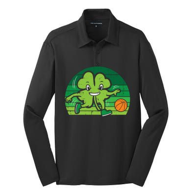 Shamrock Playing Basketball St Patricks Day Cute Gift Silk Touch Performance Long Sleeve Polo