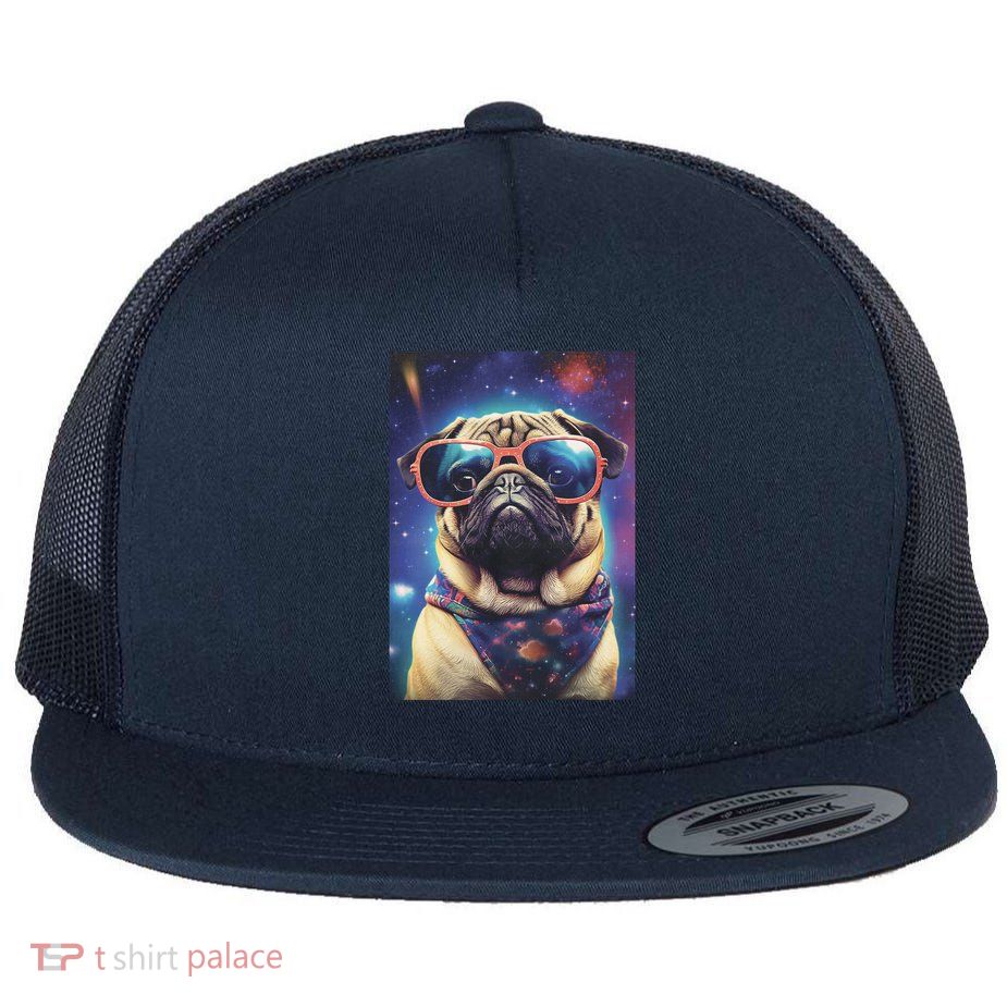 Space Pug Cool Dog Poster Flat Bill Trucker Hat