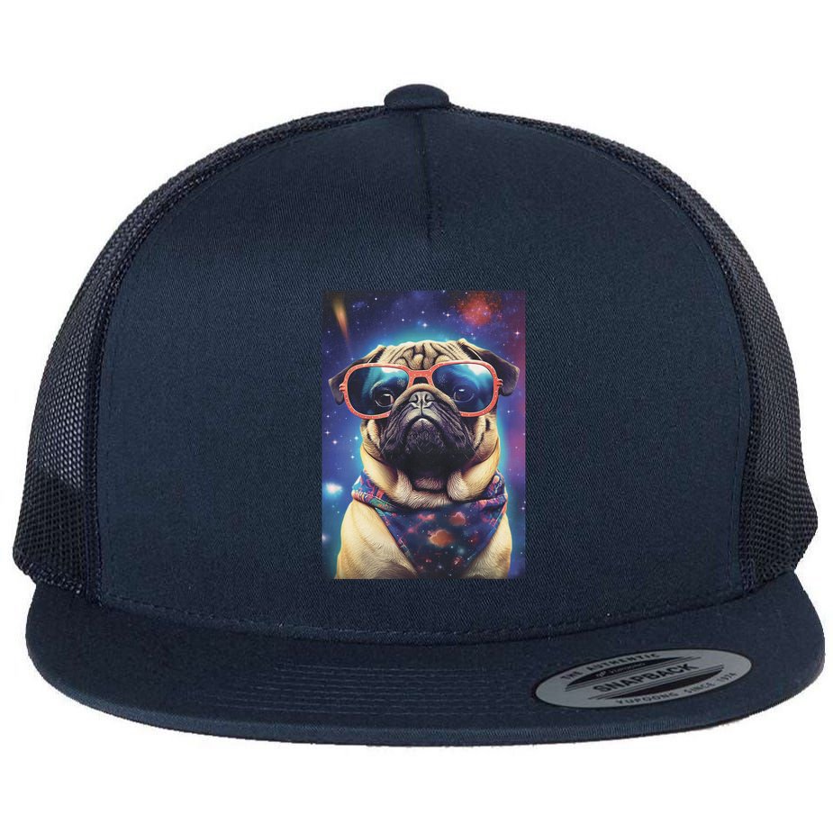 Space Pug Cool Dog Poster Flat Bill Trucker Hat