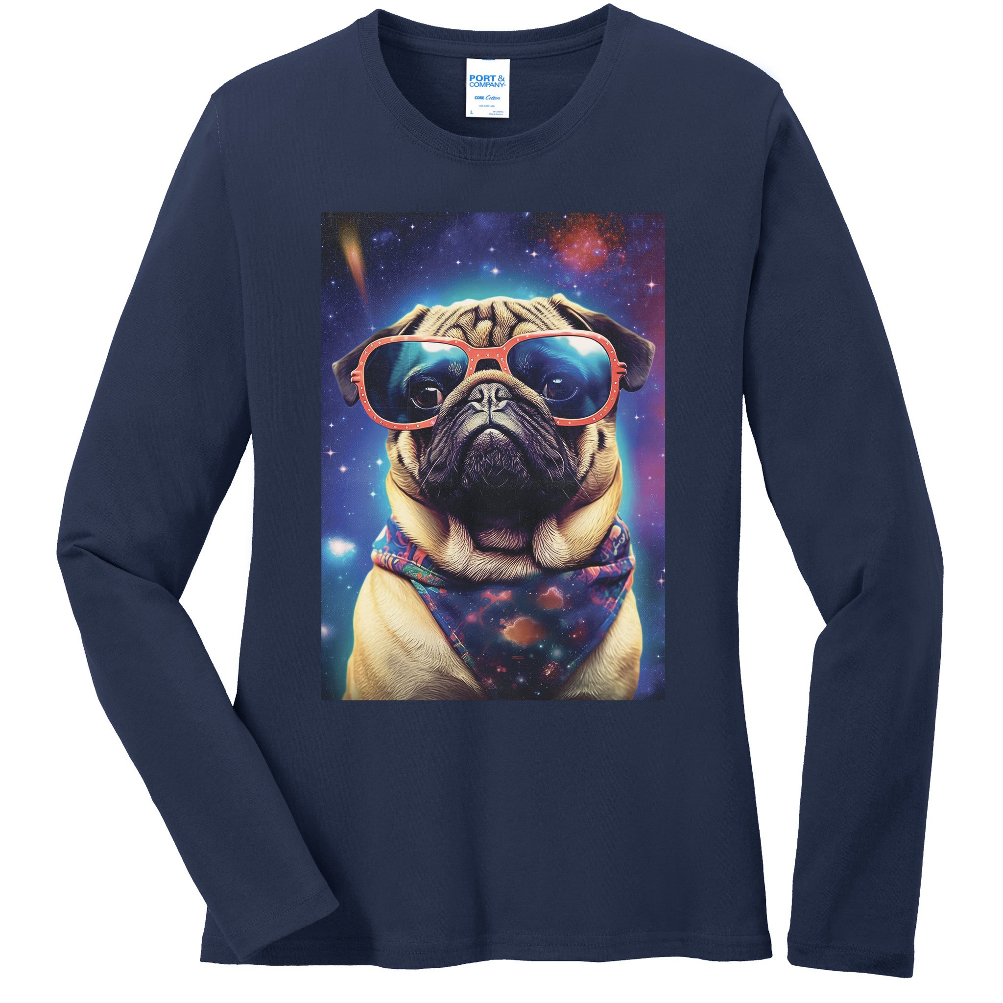 Space Pug Cool Dog Poster Ladies Long Sleeve Shirt
