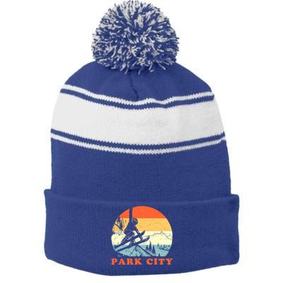 Ski Park City Utah Vintage Snow Skiing Vacation Meaningful Gift Stripe Pom Pom Beanie