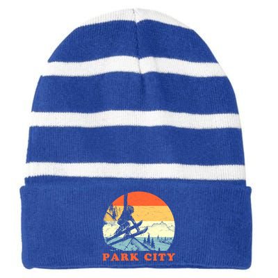 Ski Park City Utah Vintage Snow Skiing Vacation Meaningful Gift Striped Beanie with Solid Band