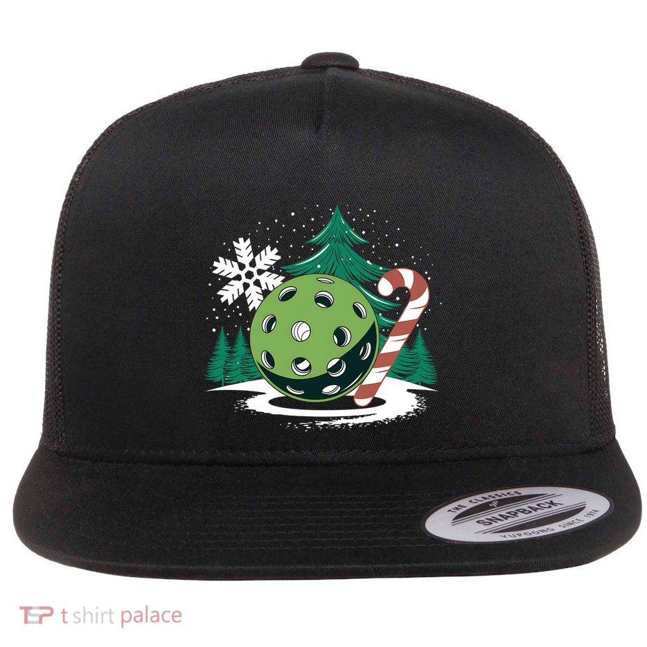 Snowy Pickleball Christmas Tree Festive Winter Snowflake Gift Flat Bill Trucker Hat