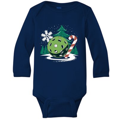 Snowy Pickleball Christmas Tree Festive Winter Snowflake Gift Baby Long Sleeve Bodysuit