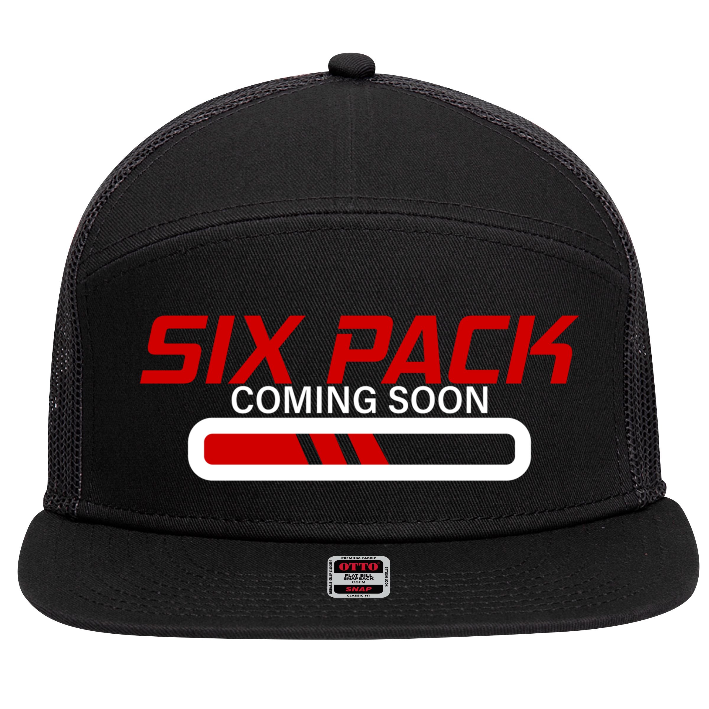 Six Pack Coming Soon Gift 7 Panel Mesh Trucker Snapback Hat