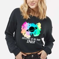 Space Planets Celestial UFO Universe Galaxy Stars Saturn Sky Cropped Pullover Crew