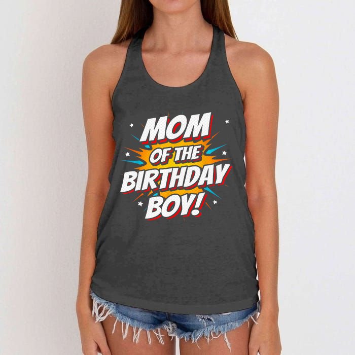 Superhero Party - Comics Birthday - Mom of Birthday Boy Women's Knotted Racerback Tank