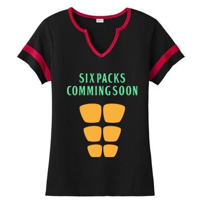 Six Pack Coming Soon Gift For Guys And Gals Cool Gift Ladies Halftime Notch Neck Tee