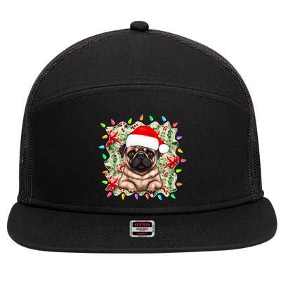 Santa Pug Christmas Lights Flowers Owner Family Gift 7 Panel Mesh Trucker Snapback Hat