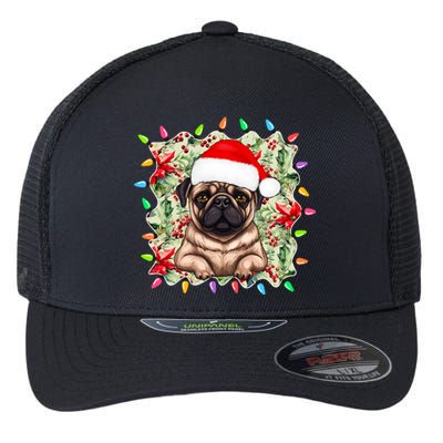 Santa Pug Christmas Lights Flowers Owner Family Gift Flexfit Unipanel Trucker Cap