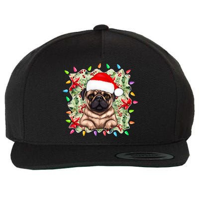 Santa Pug Christmas Lights Flowers Owner Family Gift Wool Snapback Cap