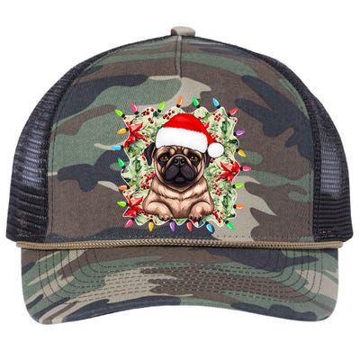 Santa Pug Christmas Lights Flowers Owner Family Gift Retro Rope Trucker Hat Cap