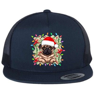 Santa Pug Christmas Lights Flowers Owner Family Gift Flat Bill Trucker Hat