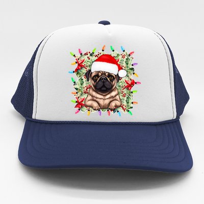 Santa Pug Christmas Lights Flowers Owner Family Gift Trucker Hat