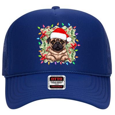 Santa Pug Christmas Lights Flowers Owner Family Gift High Crown Mesh Back Trucker Hat