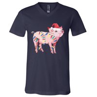 Santa Pig Christmas Lights Pig Lover Christmas Gift V-Neck T-Shirt