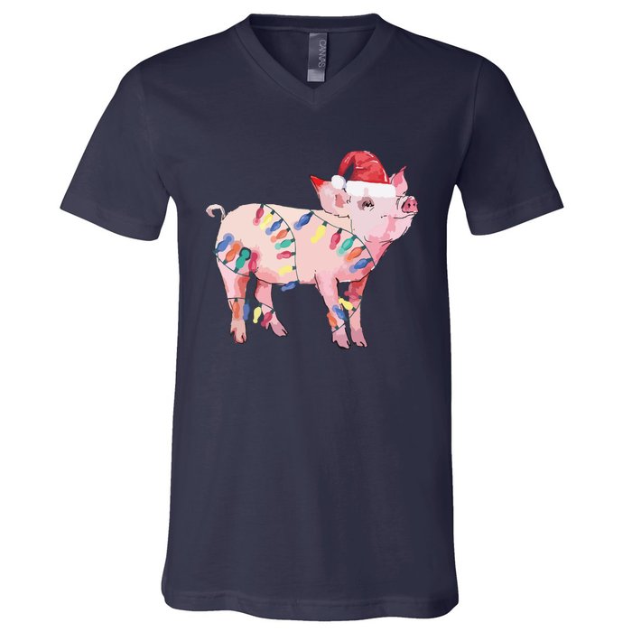 Santa Pig Christmas Lights Pig Lover Christmas Gift V-Neck T-Shirt