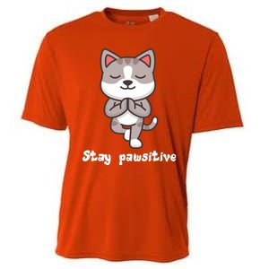 Stay Pawsitive Cool Yoga Positive Funny Cat Pun Quote Gift Cooling Performance Crew T-Shirt