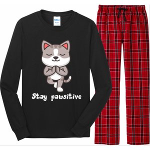 Stay Pawsitive Cool Yoga Positive Funny Cat Pun Quote Gift Long Sleeve Pajama Set