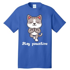 Stay Pawsitive Cool Yoga Positive Funny Cat Pun Quote Gift Tall T-Shirt