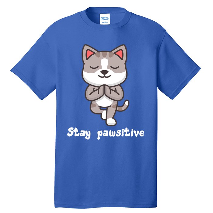 Stay Pawsitive Cool Yoga Positive Funny Cat Pun Quote Gift Tall T-Shirt