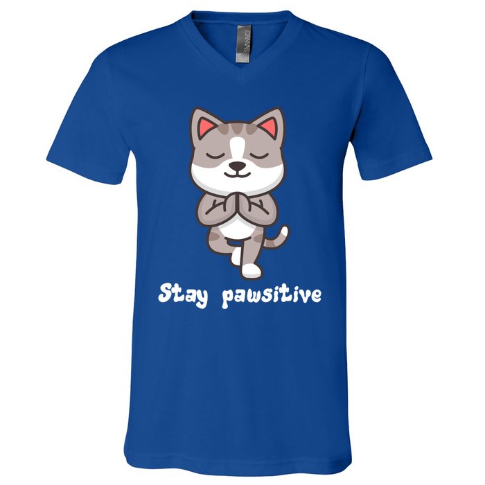 Stay Pawsitive Cool Yoga Positive Funny Cat Pun Quote Gift V-Neck T-Shirt