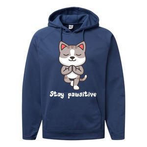 Stay Pawsitive Cool Yoga Positive Funny Cat Pun Quote Gift Performance Fleece Hoodie