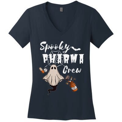 Spooky Pharma Crew Ghost Halloween Pharmacist Pharmacology Women's V-Neck T-Shirt