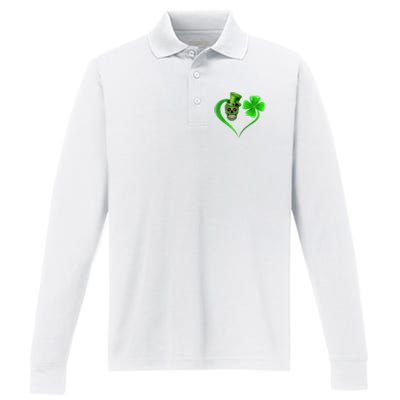 St Patricks Clover Skull Heart Funny St Patricks Day Performance Long Sleeve Polo