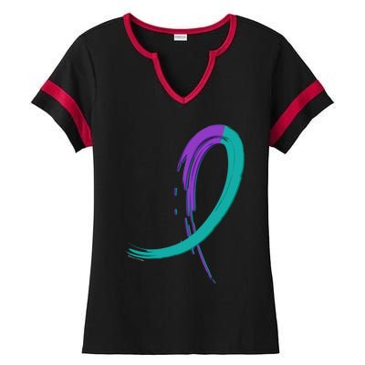 Suicide Prevention Cool Gift Purple And Teal Graffiti Ribbon Ladies Halftime Notch Neck Tee