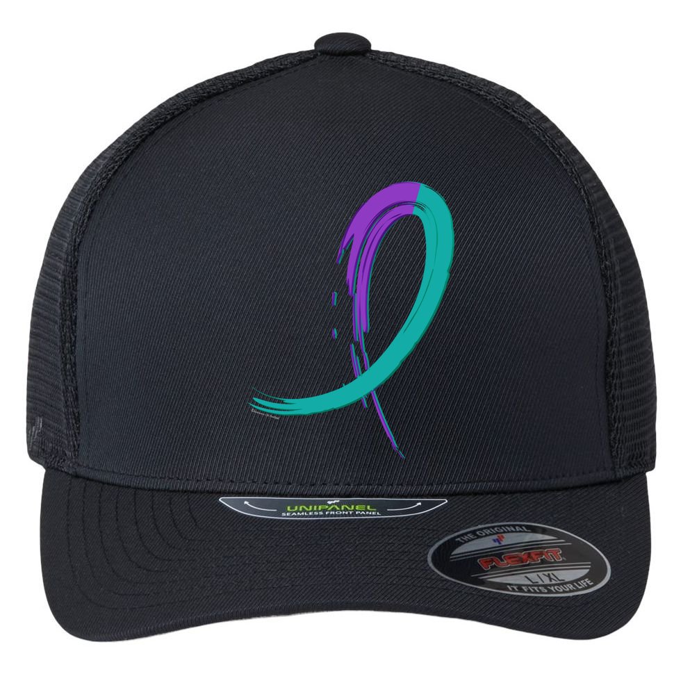 Suicide Prevention Cool Gift Purple And Teal Graffiti Ribbon Flexfit Unipanel Trucker Cap