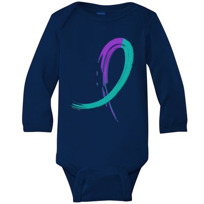 Suicide Prevention Cool Gift Purple And Teal Graffiti Ribbon Baby Long Sleeve Bodysuit