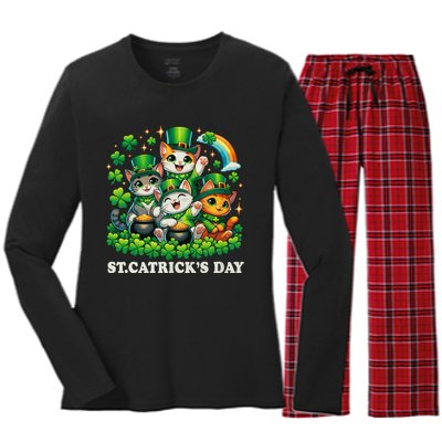 St Patricks Catricks Day Cats Saint Pattys Women's Long Sleeve Flannel Pajama Set 